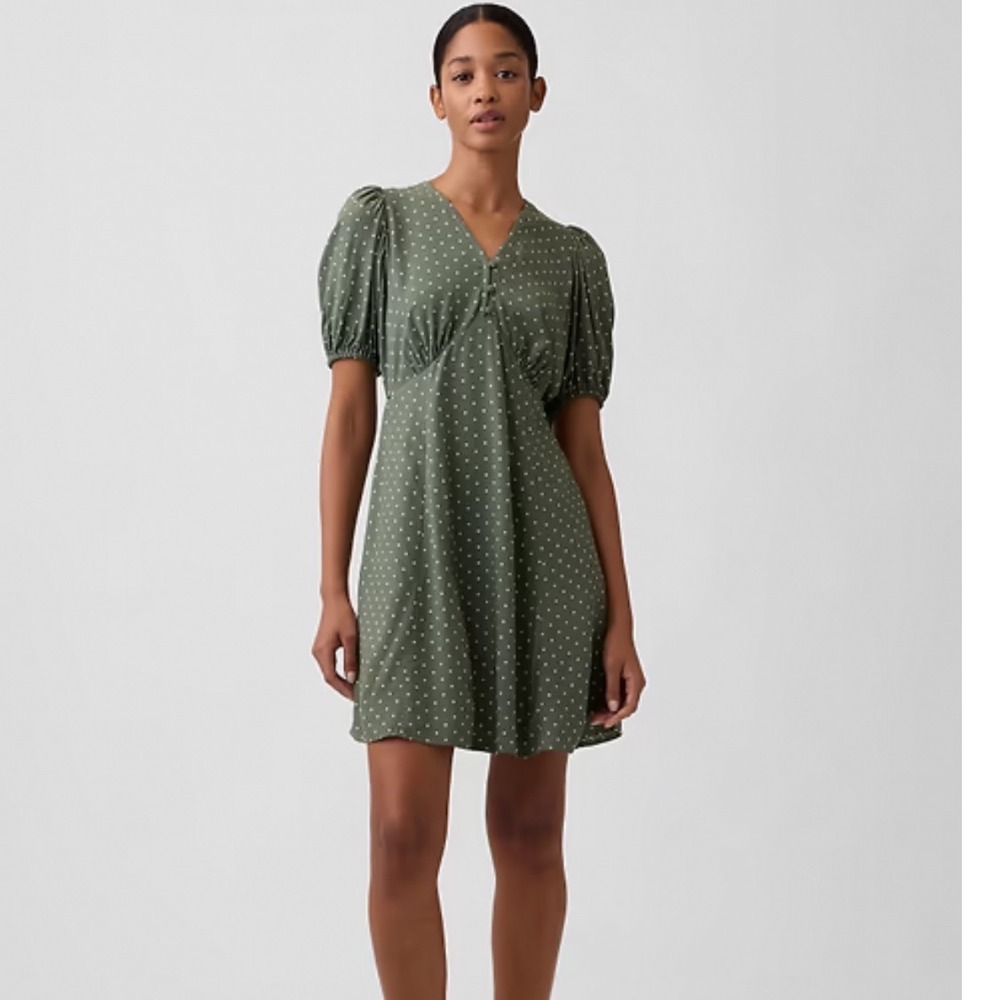 GAP Olive Green Polka Dot Puff Sleeve V-Neck Mini Dress Small NWT